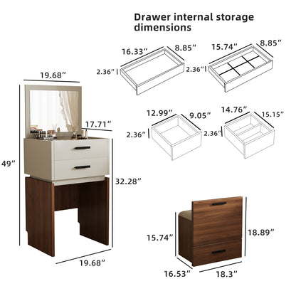 Compact 3-in-1 Vanity Set with 3 Drawers, Cushioned Stool, and Flip-Top Mirror, Walnut & Light Grey, 19.7" for Bedroom, Living Room, Office