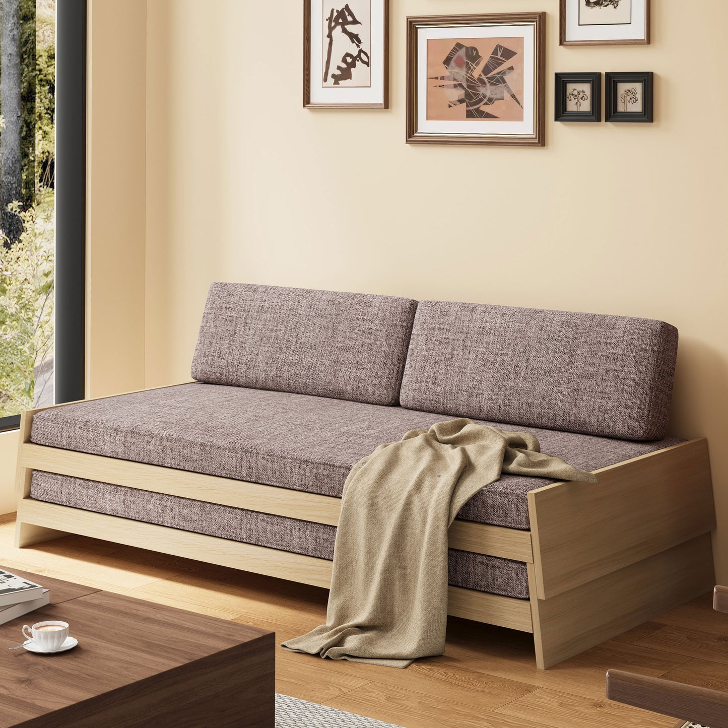 Gray Fabric Upholstered Sofa Bed with Wooden Frame, Stylish and Comfortable, Ideal for Living Room and Guest Room