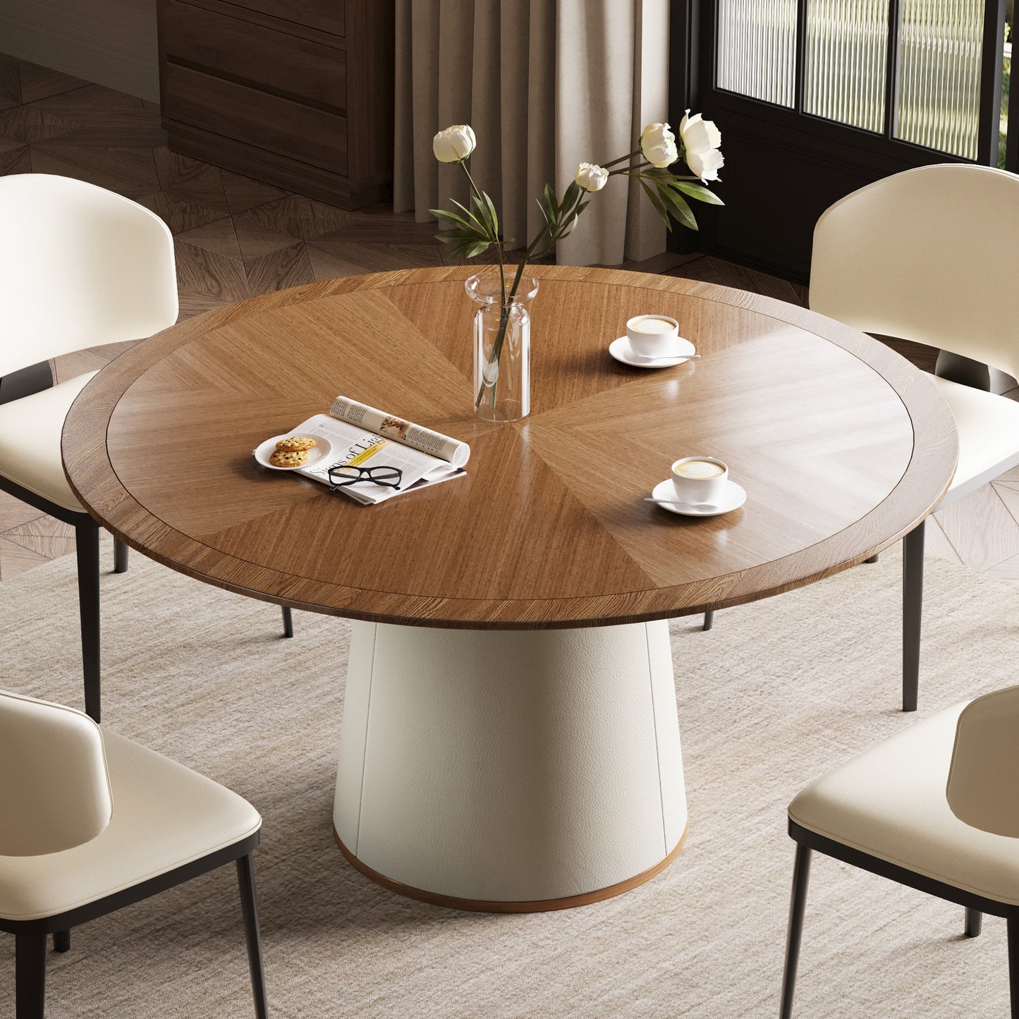 Dining Table CZ0034D Mid-Century Modern Lmitation Leather Base 59.05"