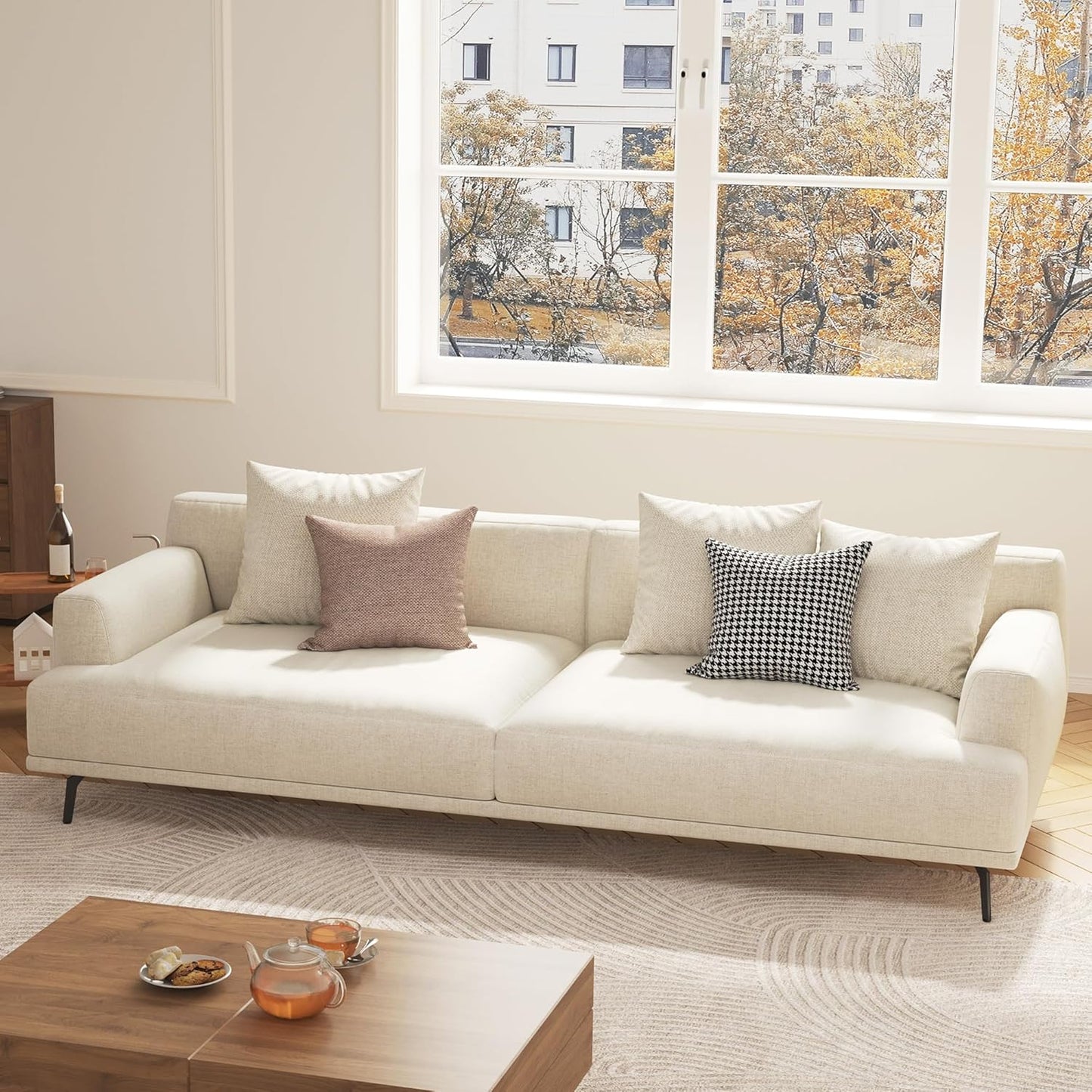 82.6" Beige Modern Sofa, Fabric Upholstery with Wood Frame, Minimalist Couch for Living Room and Apartment