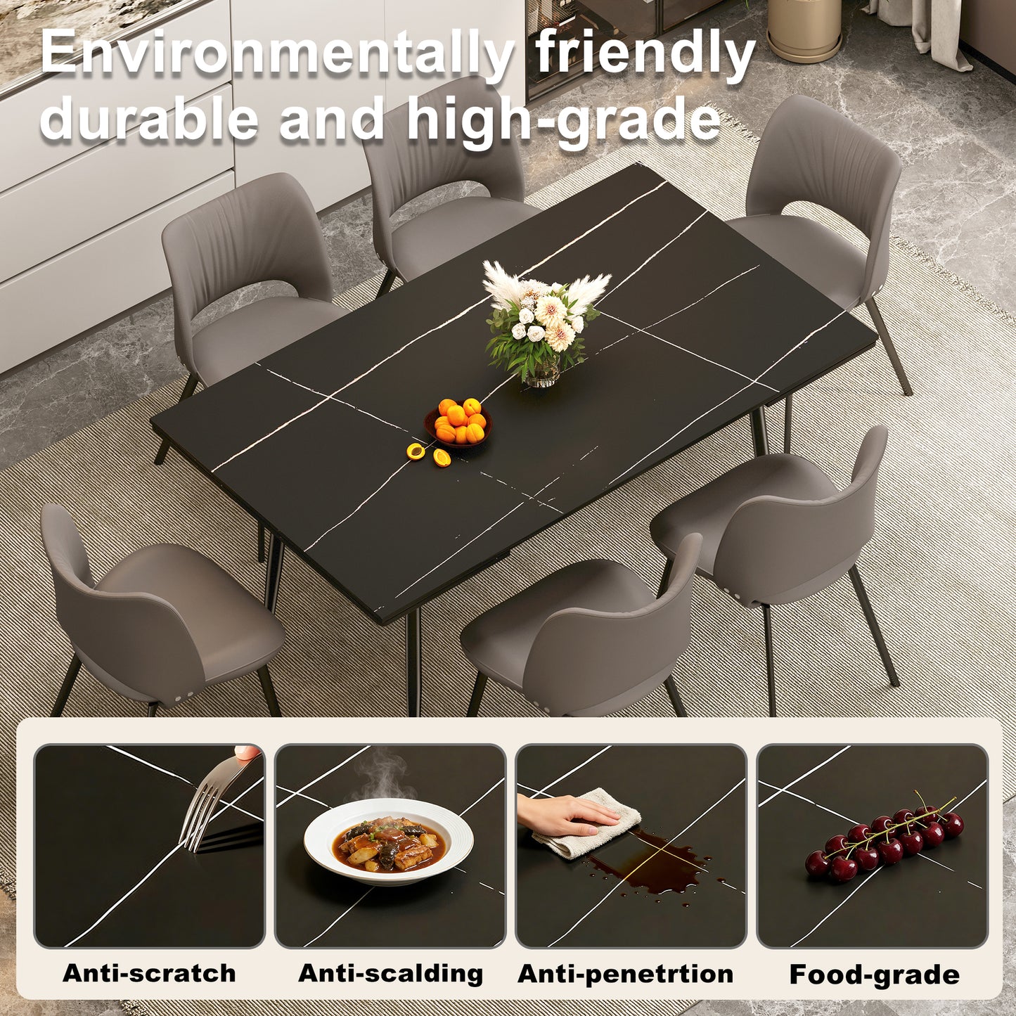 Modern Extendable Dining Table with Sintered Stone Top for 6-10 People