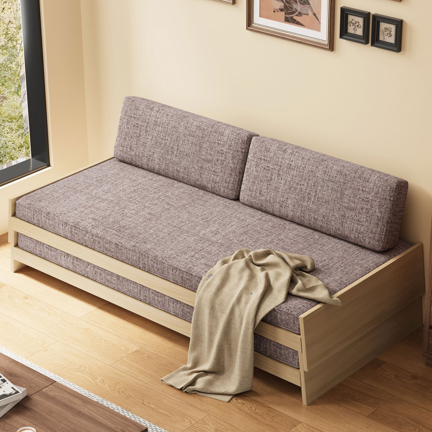 Gray Fabric Upholstered Sofa Bed with Wooden Frame, Stylish and Comfortable, Ideal for Living Room and Guest Room