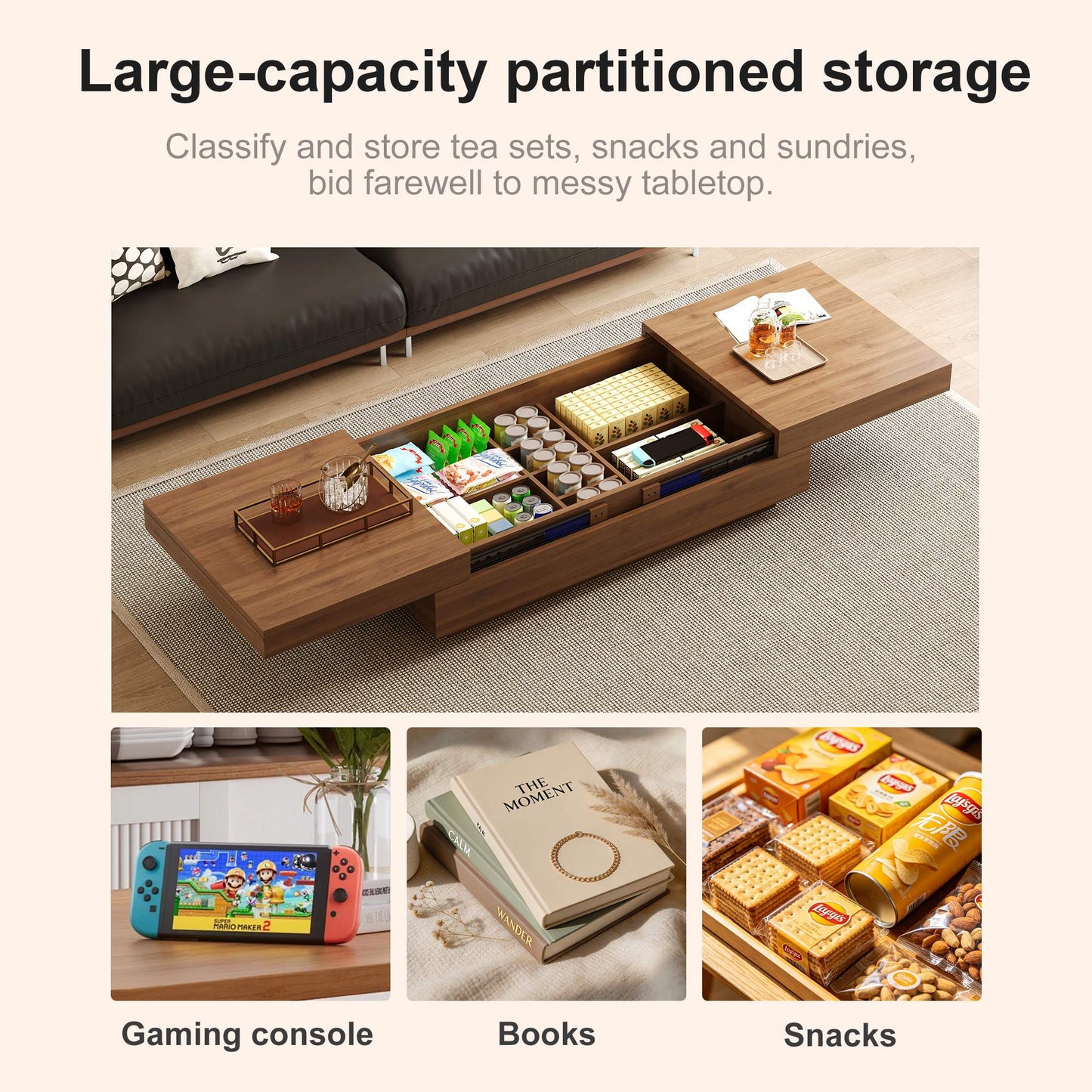 Mid-Century Expandable Coffee Table with Storage for Living Rooms