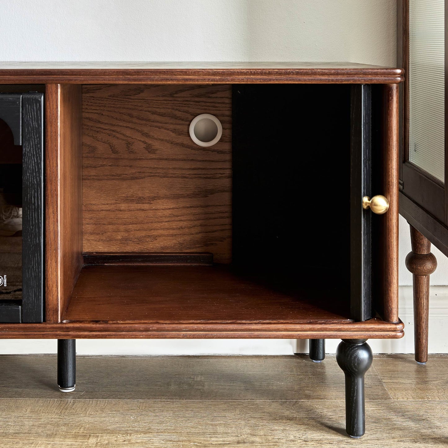 Gael Vintage TV Stand with Glass Display Cabinet, Mid-Century Walnut Media Console