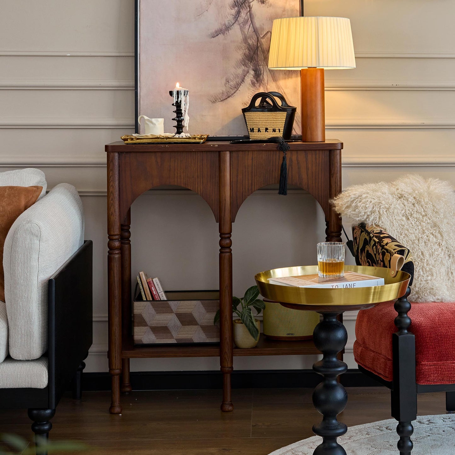 Semo Vintage Arch Console Table, Mid-Century Entryway Table with Shelf
