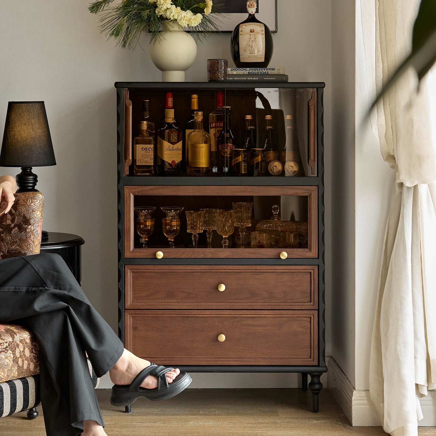 Gael Vintage Glass Display Cabinet with Drawers, Mid-Century Walnut Storage Cabinet