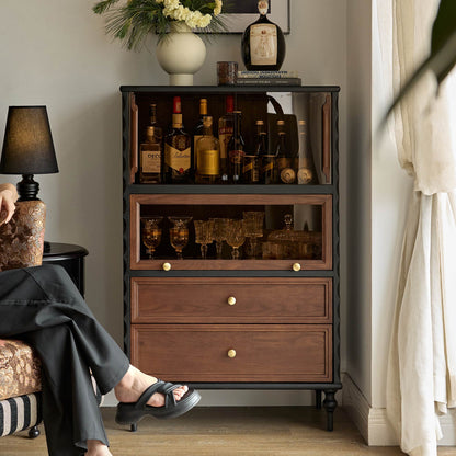 Gael Vintage Glass Display Cabinet with Drawers, Mid-Century Walnut Storage Cabinet