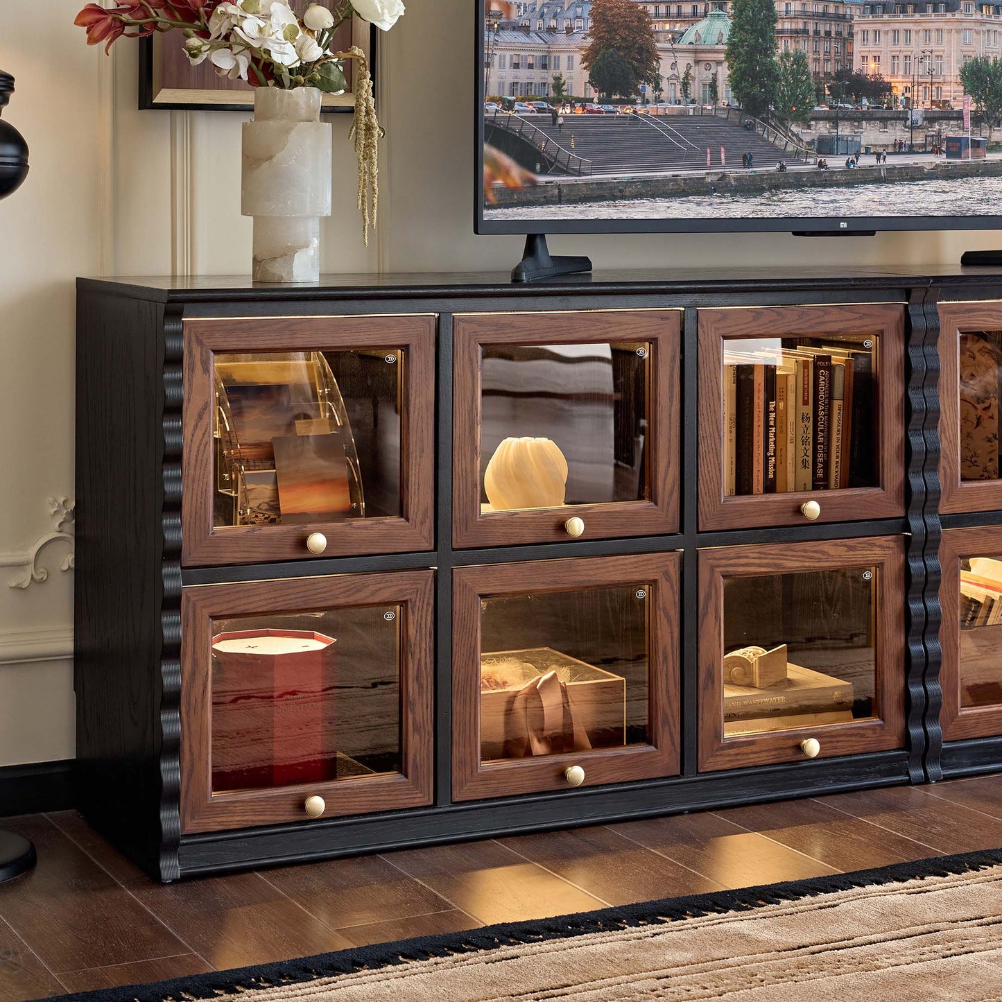 Gael Vintage Flip Door Storage Cabinet, Mid-Century Walnut Display Cabinet