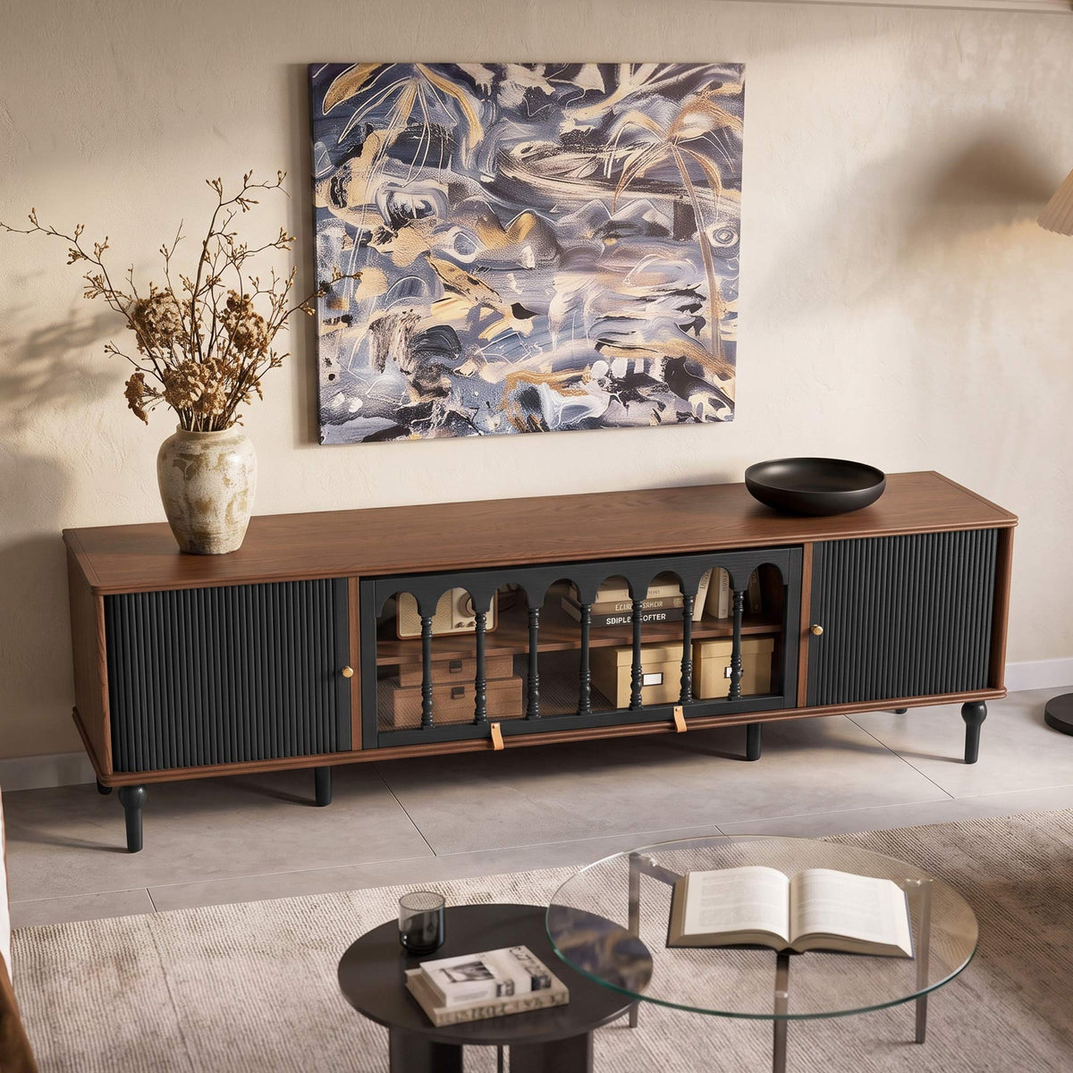Gael Vintage TV Stand with Glass Display Cabinet, Mid-Century Walnut Media Console
