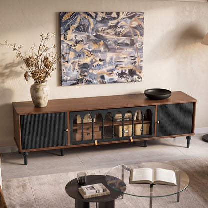 Gael Vintage TV Stand with Glass Display Cabinet, Mid-Century Walnut Media Console