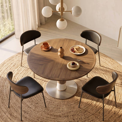 Modern Round Walnut Dining Table 47.2" with Metal Pedestal Base