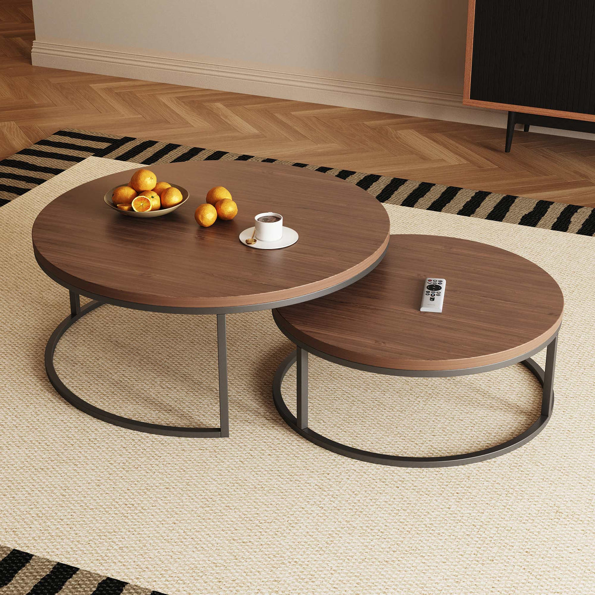 Round Nesting Coffee Tables  55.2" Set of 2 Two-Tone Finish （Warm Walnut）