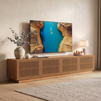 Mid-Century Modern Walnut Finish TV Stand | Open Slatted Louvered Entertainment Center with Storage