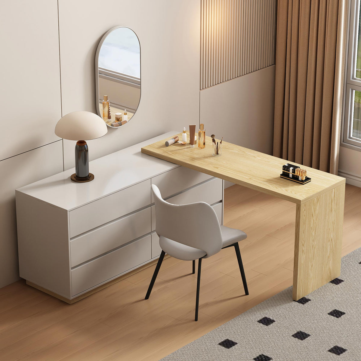 Modern Swivel Desk 98.5" with Extendable Tabletop & 6-Drawer Storage