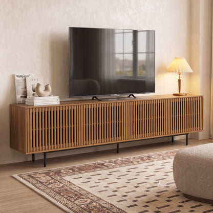 Mid-Century Modern Walnut Finish TV Stand | Slatted Entertainment Center with Storage