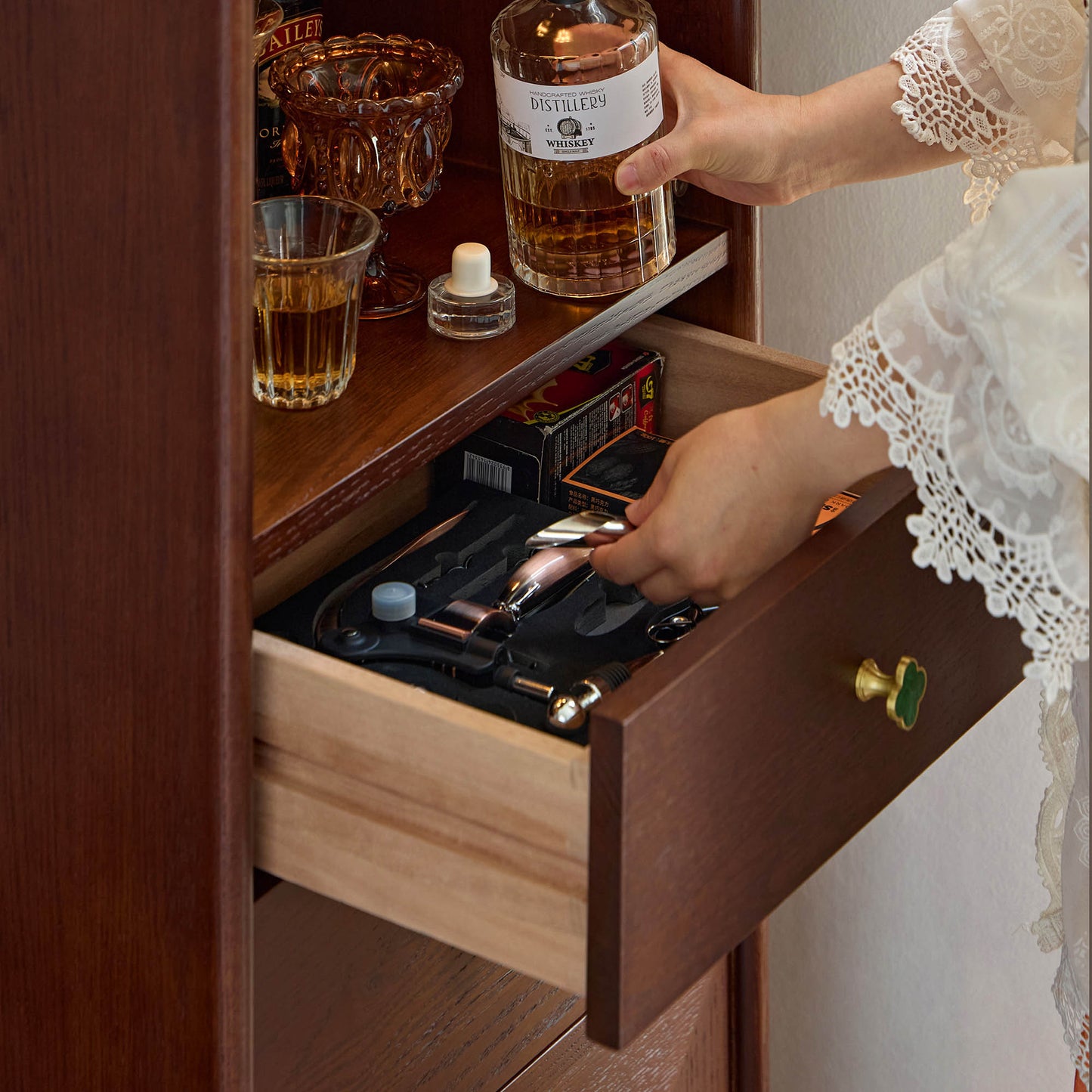 Gael Vintage Tall Storage Cabinet with Glass Display and Drawers