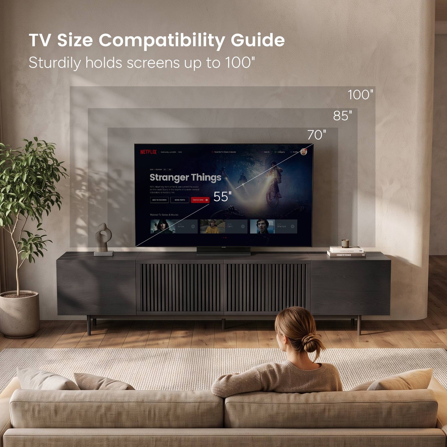 Mid-Century TV Stand with Hidden Storage for 32-100” TVs