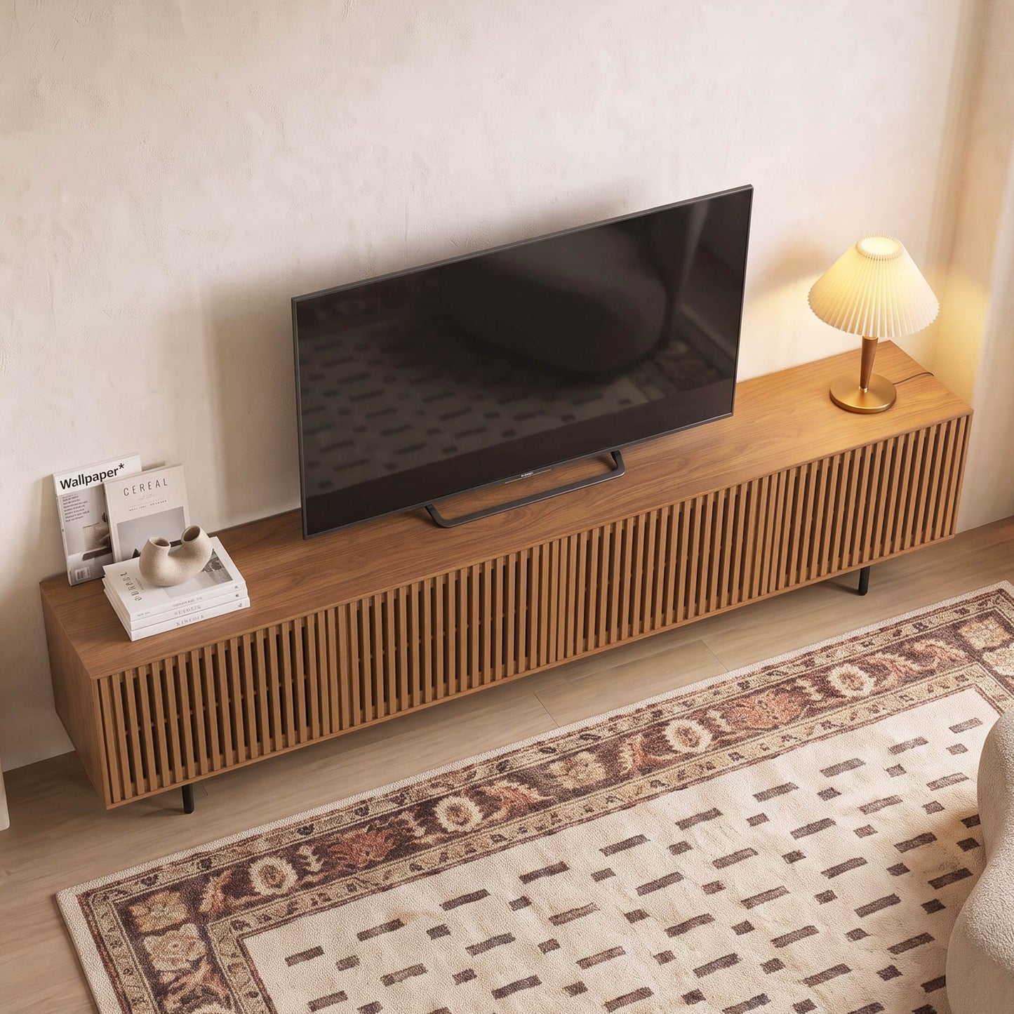 Mid-Century Modern Walnut Finish TV Stand | Slatted Entertainment Center with Storage
