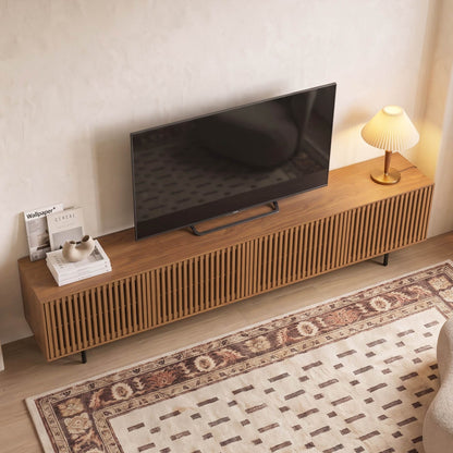 Mid-Century Modern Walnut Finish TV Stand | Slatted Entertainment Center with Storage