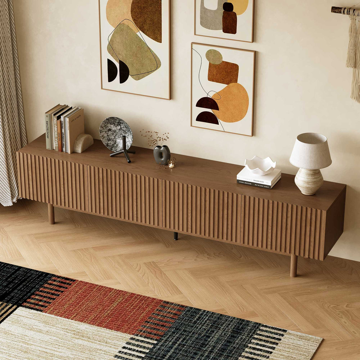 Mid-Century Modern Walnut Finish TV Stand | Fluted Storage Entertainment Center