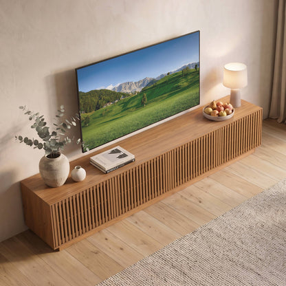 Mid-Century Modern Walnut Finish TV Stand | Open Slatted Louvered Entertainment Center with Storage