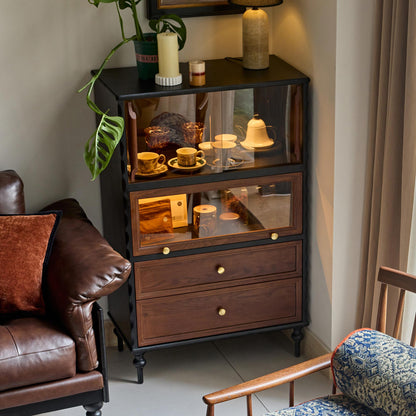 Gael Vintage Glass Display Cabinet with Drawers, Mid-Century Walnut Storage Cabinet