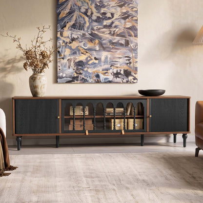 Gael Vintage TV Stand with Glass Display Cabinet, Mid-Century Walnut Media Console