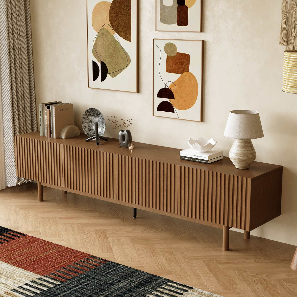 Mid-Century Modern Walnut Finish TV Stand | Fluted Storage Entertainment Center