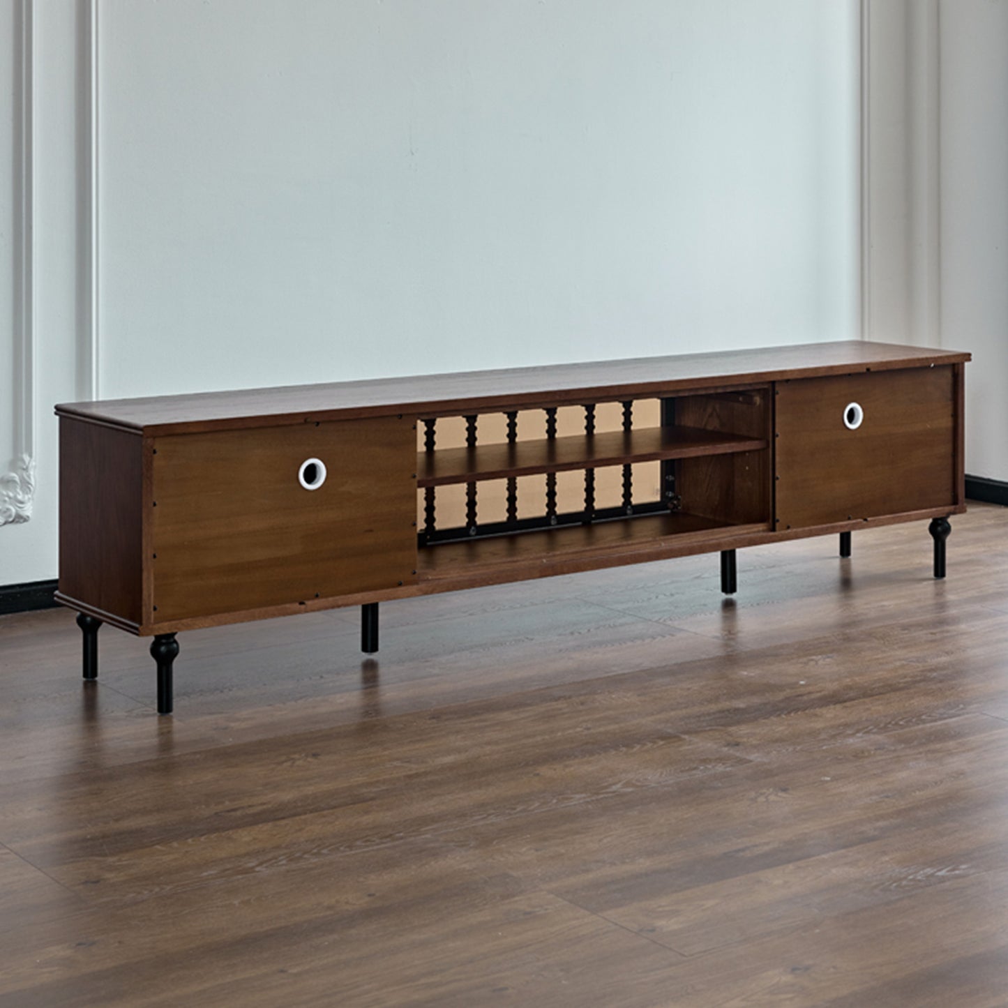 Gael Vintage TV Stand with Glass Display Cabinet, Mid-Century Walnut Media Console