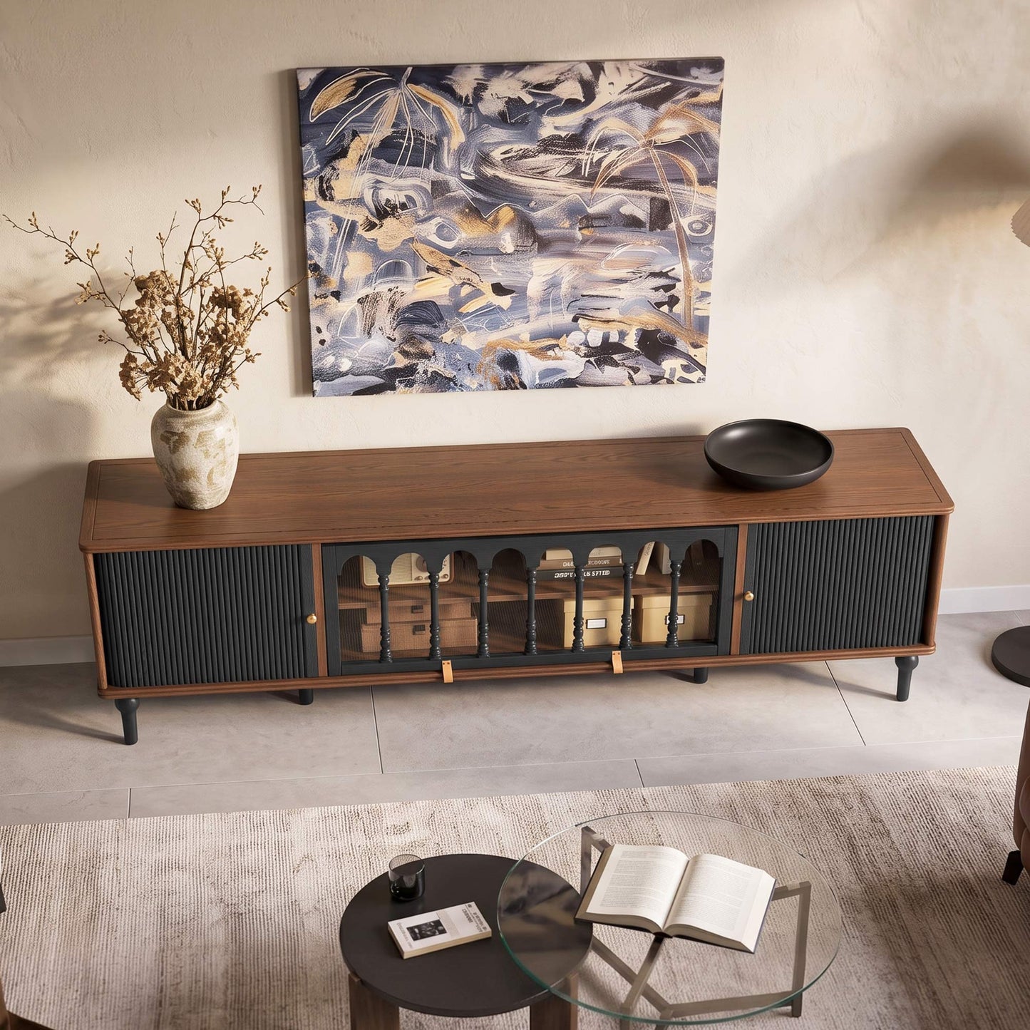 Gael Vintage TV Stand with Glass Display Cabinet, Mid-Century Walnut Media Console