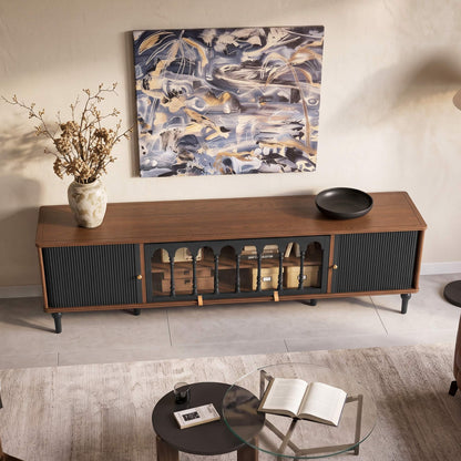 Gael Vintage TV Stand with Glass Display Cabinet, Mid-Century Walnut Media Console