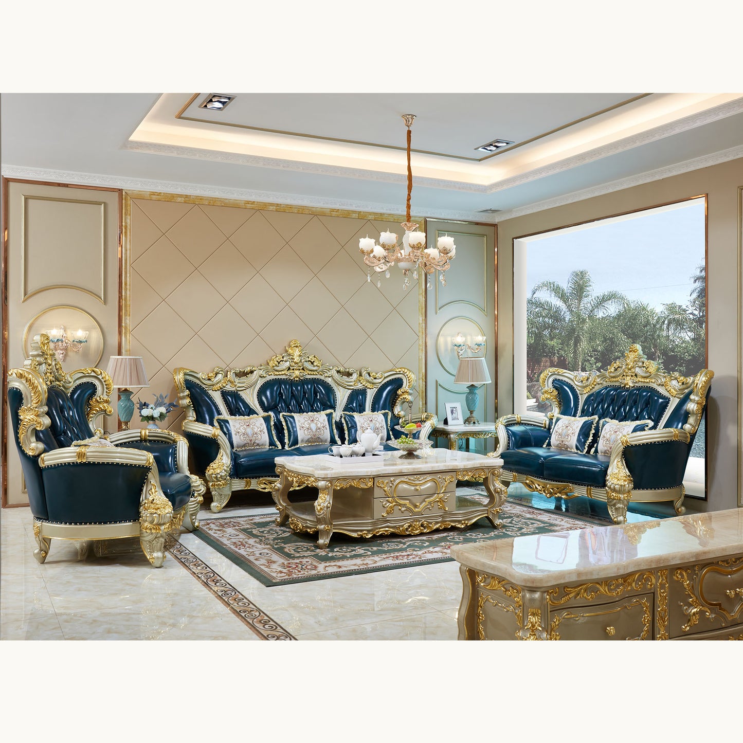 Imperial Sapphire Luxury Sofa Set – European Baroque Tufted Living Room Collection