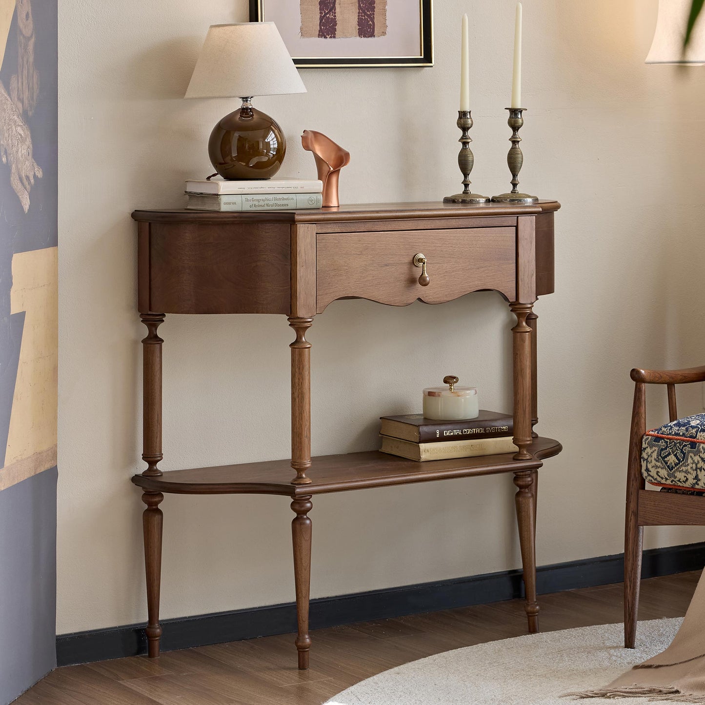 Gael Vintage Entryway Console Table with Drawer & Shelf, Black Mid-Century Hallway Table