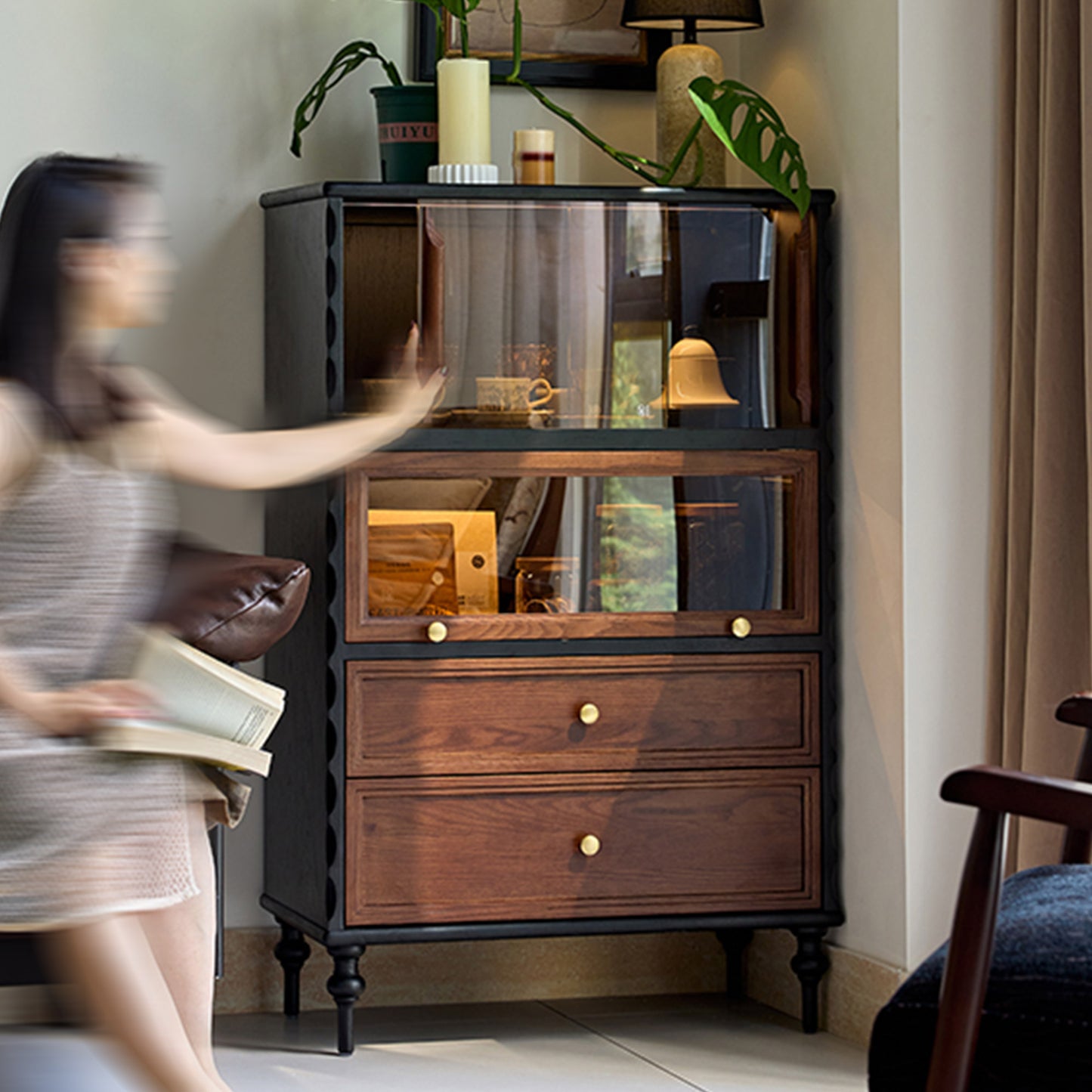 Gael Vintage Glass Display Cabinet with Drawers, Mid-Century Walnut Storage Cabinet