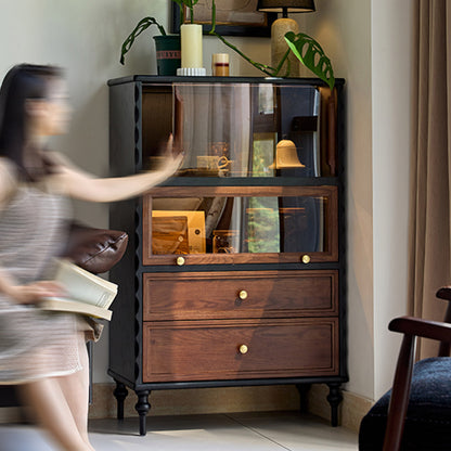 Gael Vintage Glass Display Cabinet with Drawers, Mid-Century Walnut Storage Cabinet