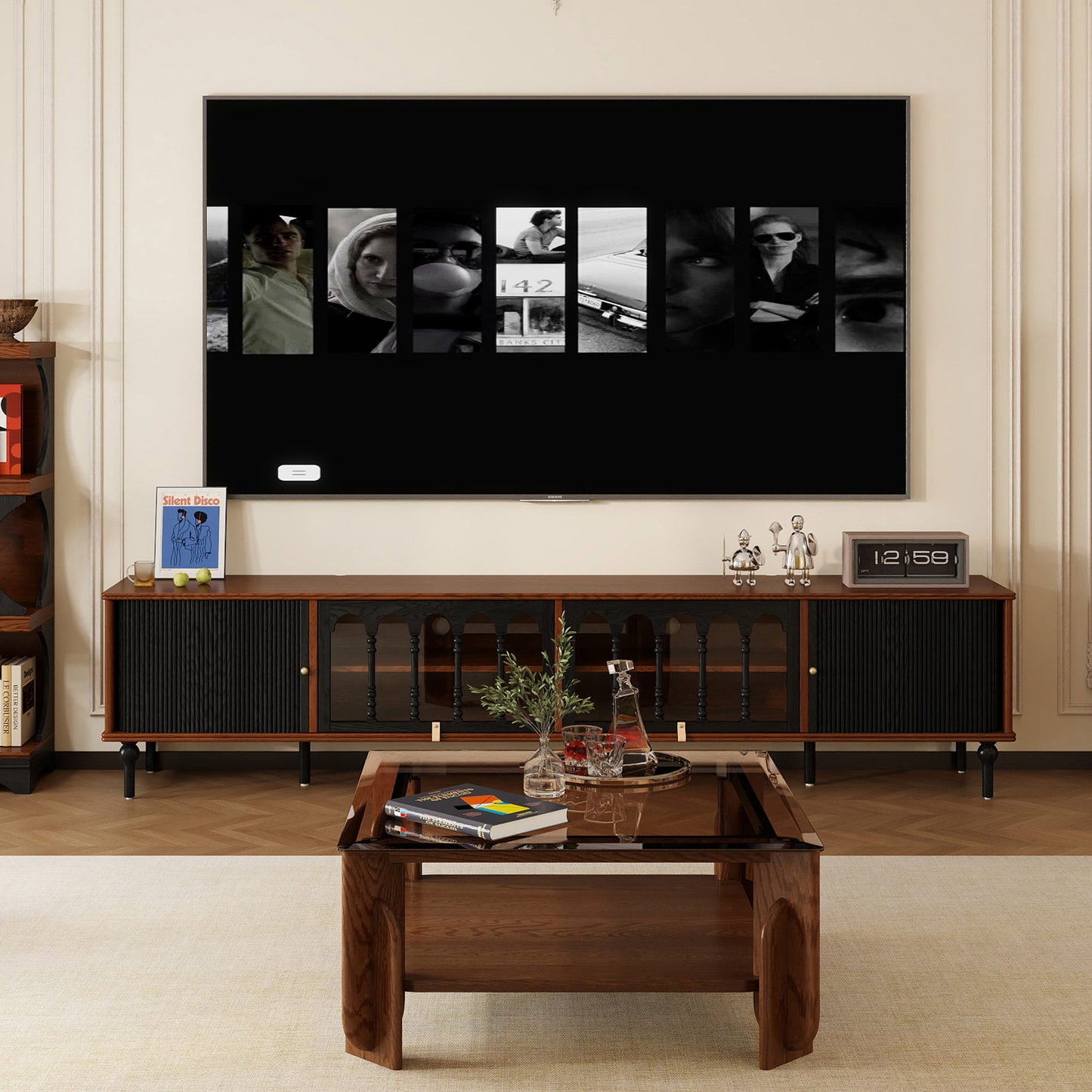 Gael Vintage TV Stand with Glass Display Cabinet, Mid-Century Walnut Media Console