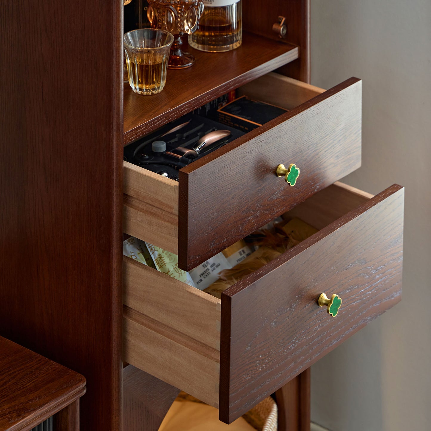 Gael Vintage Tall Storage Cabinet with Glass Display and Drawers