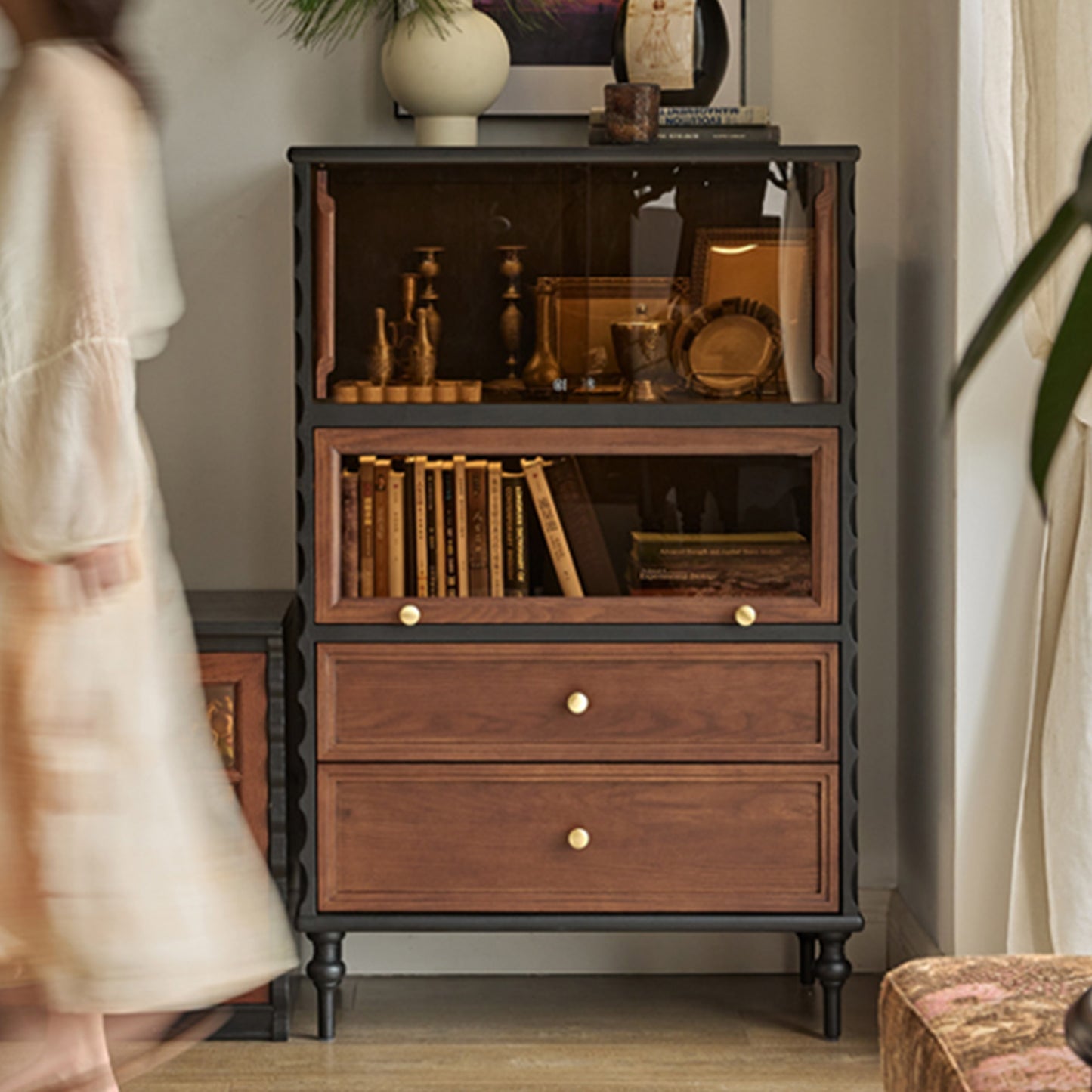 Gael Vintage Glass Display Cabinet with Drawers, Mid-Century Walnut Storage Cabinet