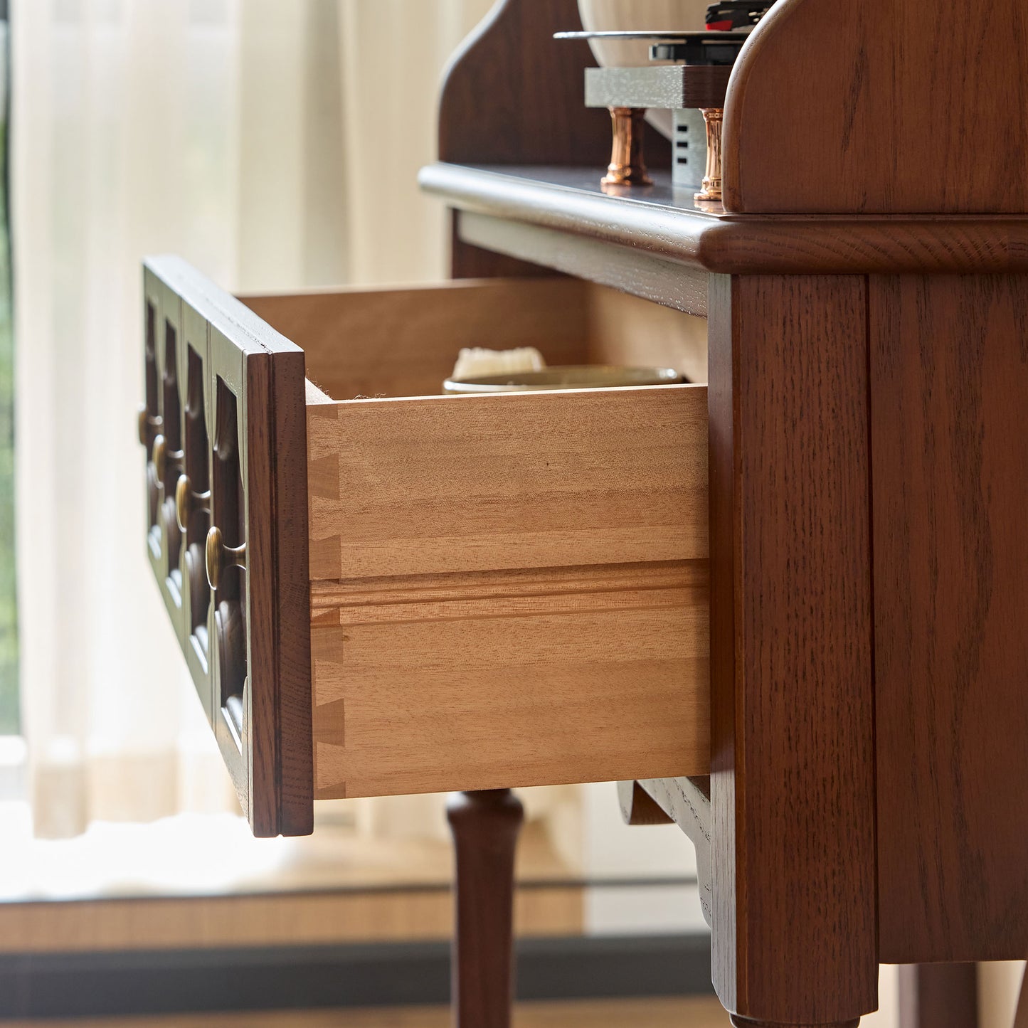 Aurelia Vintage Console Table with Drawers, French Mid-Century Entryway Table