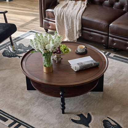 Semo Vintage Round Coffee Table, Mid-Century Walnut Living Room Center Table