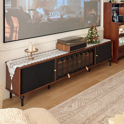 Gael Vintage TV Stand with Glass Display Cabinet, Mid-Century Walnut Media Console