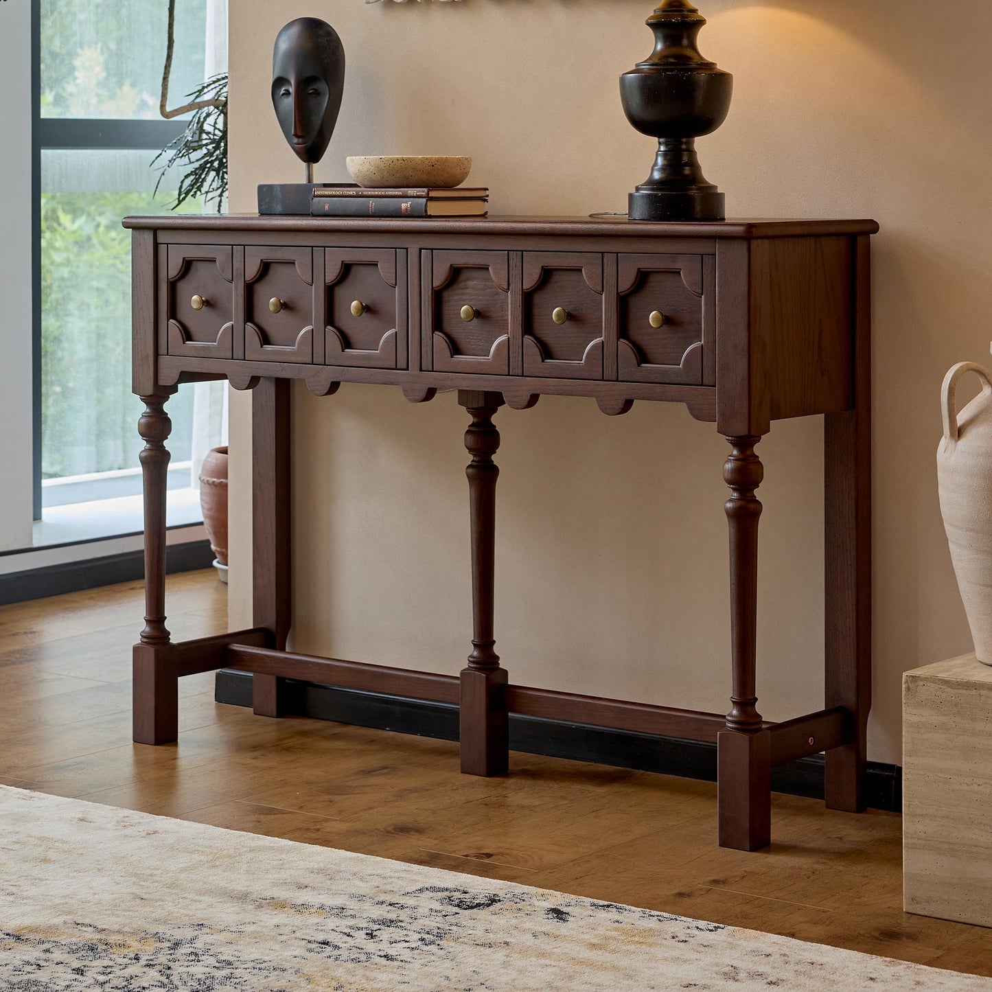 Aurelia Vintage Console Table with Drawers, French Mid-Century Entryway Table
