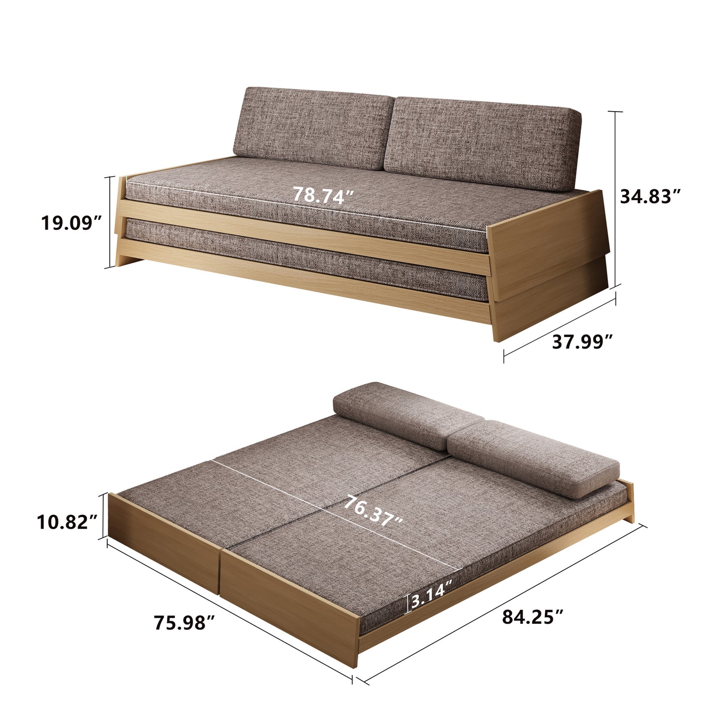 Gray Fabric Upholstered Sofa Bed with Wooden Frame, Stylish and Comfortable, Ideal for Living Room and Guest Room