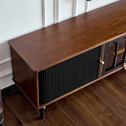 Gael Vintage TV Stand with Glass Display Cabinet, Mid-Century Walnut Media Console