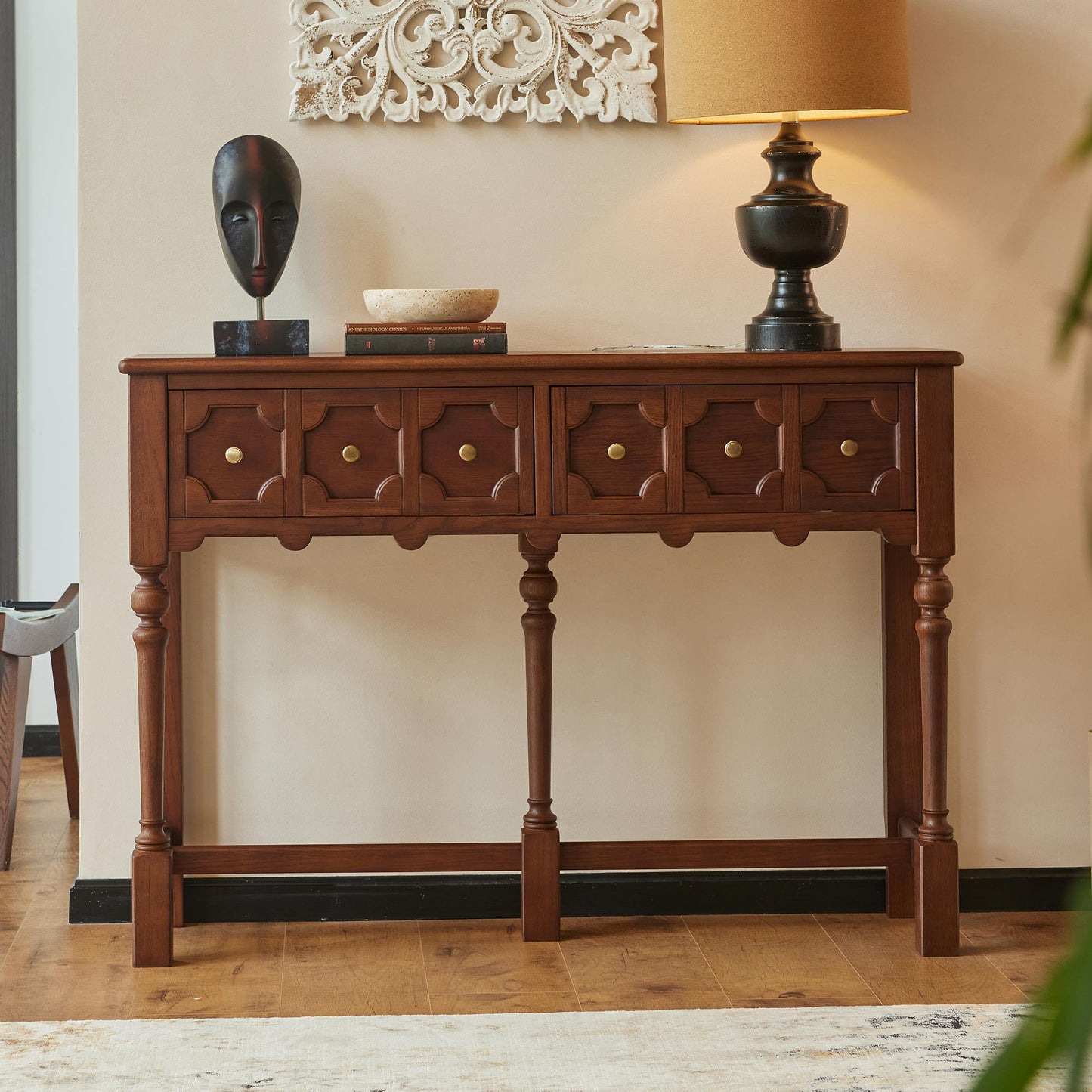 Aurelia Vintage Console Table with Drawers, French Mid-Century Entryway Table