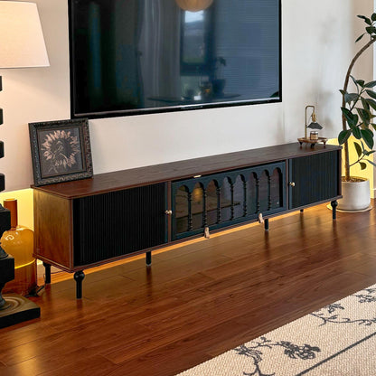 Gael Vintage TV Stand with Glass Display Cabinet, Mid-Century Walnut Media Console