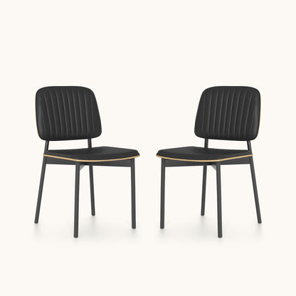 Modern Black PU Leather Dining Chairs Set of 2 with Metal Legs & Channel Tufting