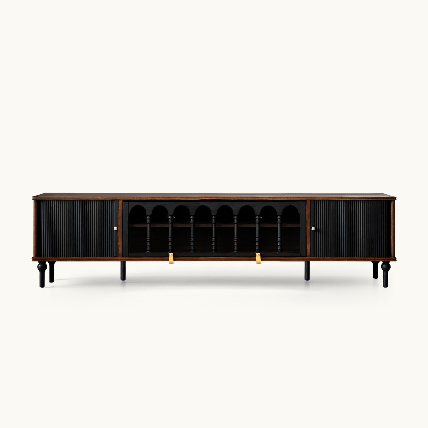 Gael Vintage TV Stand with Glass Display Cabinet, Mid-Century Walnut Media Console