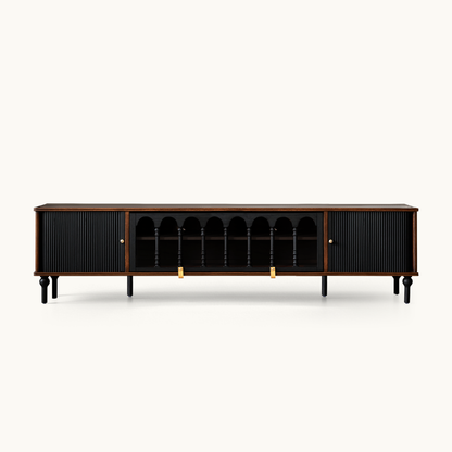 Gael Vintage TV Stand with Glass Display Cabinet, Mid-Century Walnut Media Console