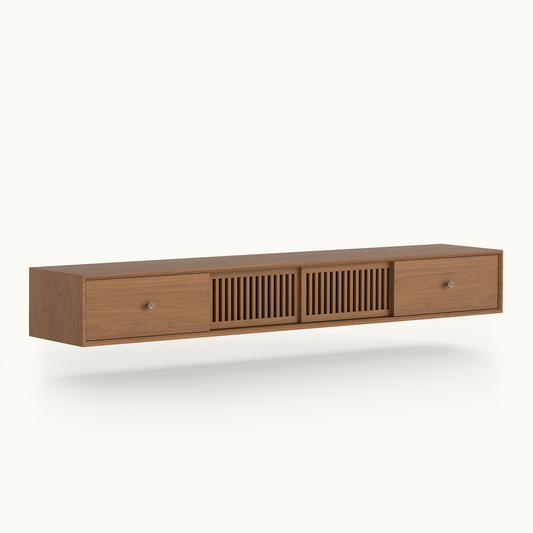 Mid-Century Modern Floating TV Stand 78.7" with Slatted Sliding Doors